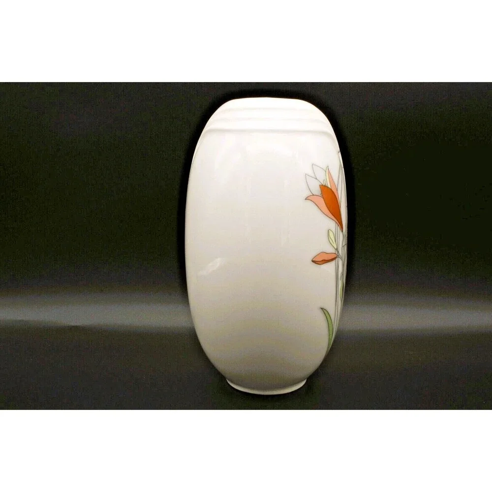 Lily Vase Japan Yamaji Floral 1980s Art Deco Revival 7.25 inch Porcelain Vintage